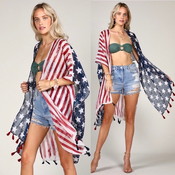 New America Print Boho Tassel Trim Contrast Red Blue Stripe Kimono Swim Cover Up - Picture 3 of 16